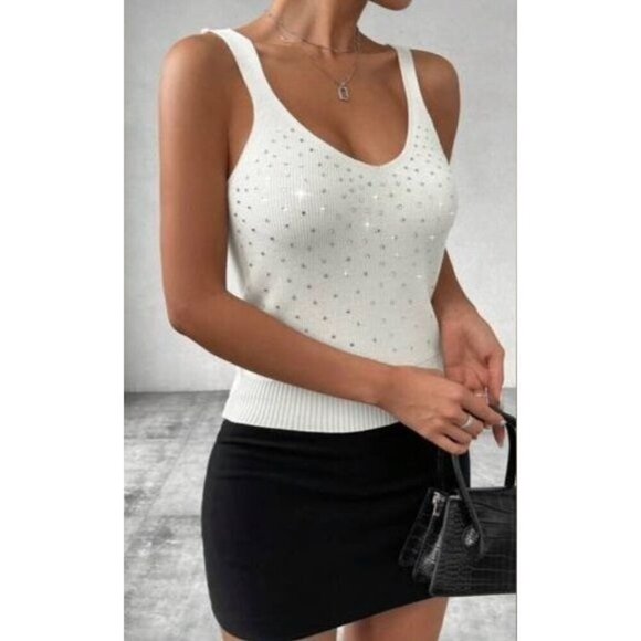 White Knitted Sweater With Rhinestone Embellishment - Picture 2 of 4